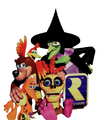 Artwork of Banjo, Kazooie, Mumbo Jumbo, Gruntilda and a Jinjo with the Rareware logo from Banjo-Kazooie